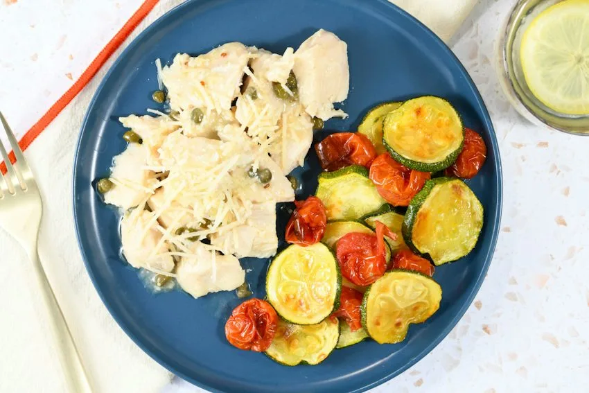 Chicken Piccata with Roasted Zucchini and Tomatoes